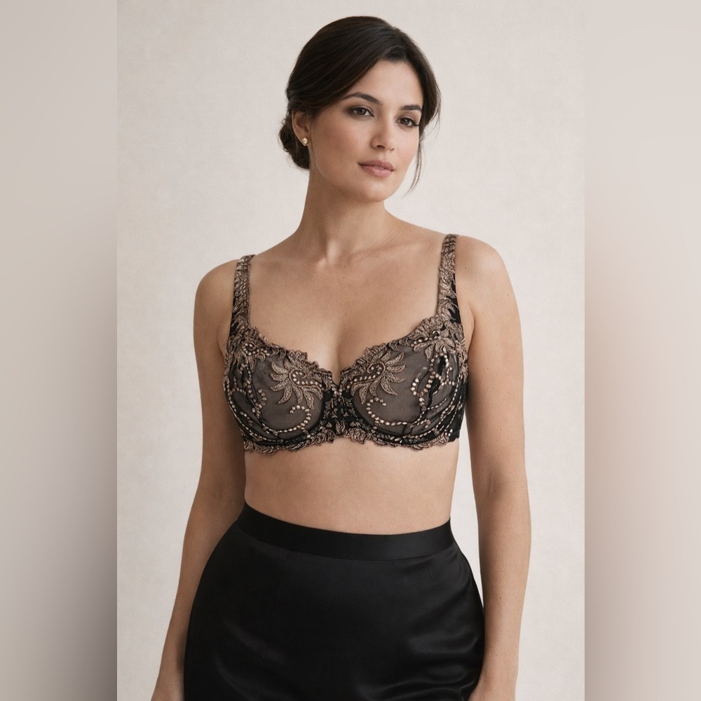 Lunaire 36D Bra Black Taupe Sevilla Embroidered Underwire Sheer Lace Mesh 14011